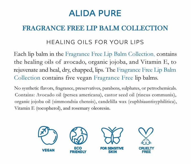 ALIDA PURE Fragrance Free Lip Balm, Vegan Set, Unscented, No Flavor, Beeswax Free, Organic Jojoba and, Avocado Oil, Vitamin E, Natural Moisturizer for Dry, Chapped, or Cracked Lips, 5 Tube Set - Image 4